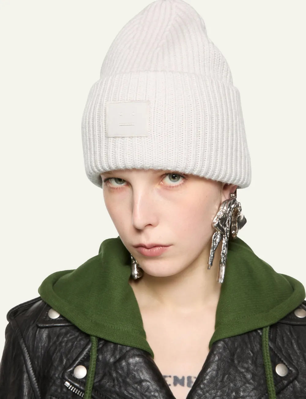 ACNE STUDIOS LARGE FACE LOGO BEANIE - YAK LIGHT GREY