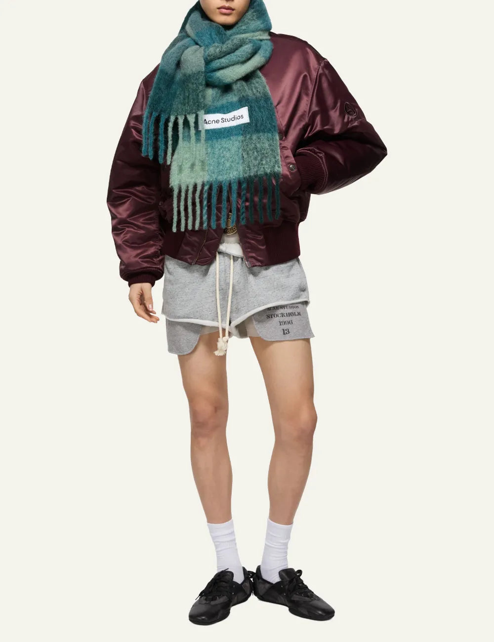 ACNE STUDIOS MOHAIR CHECKED SCARF TEAL/GREY/GREEN