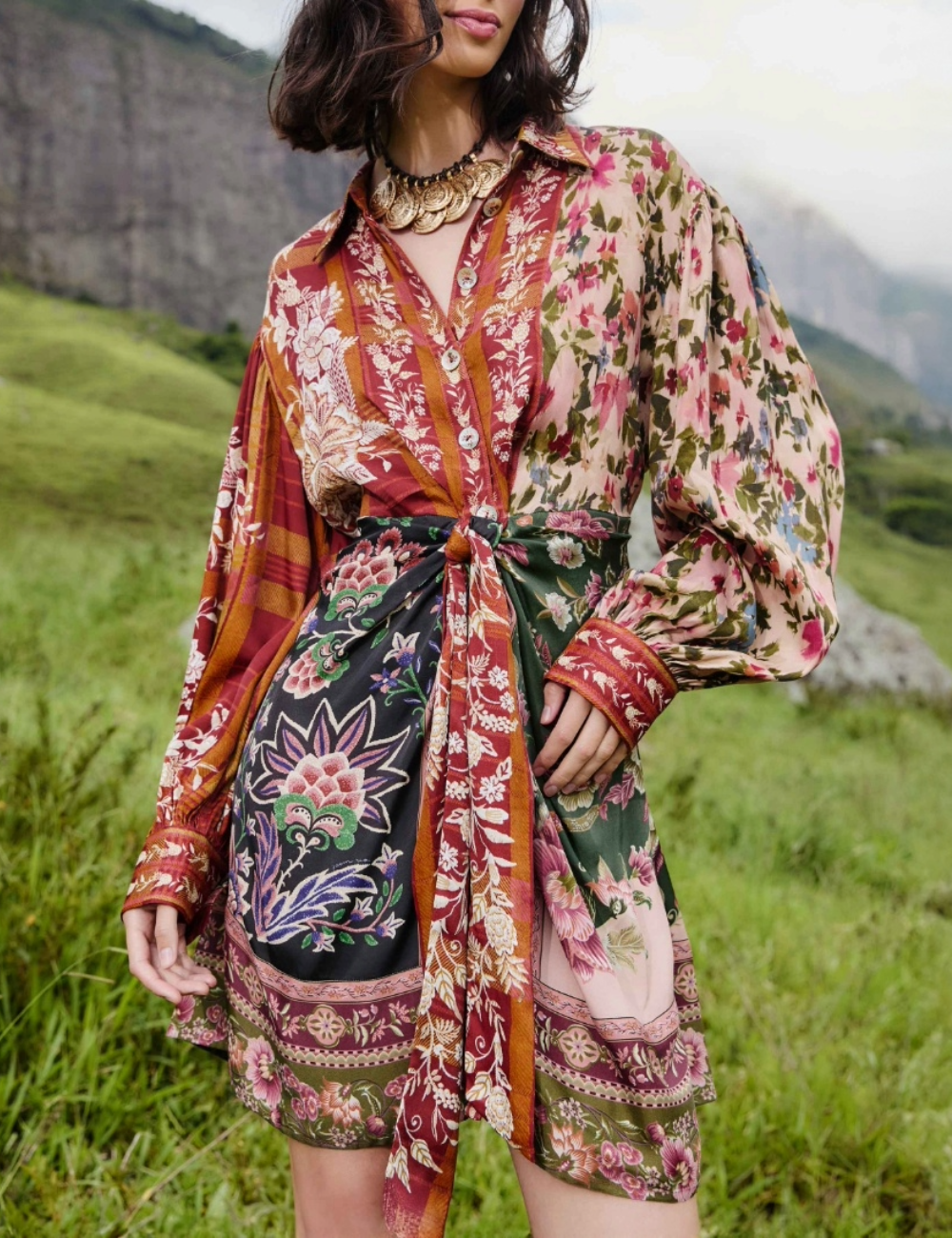 FARM RIO WINTER GARDEN MIX MINI DRESS