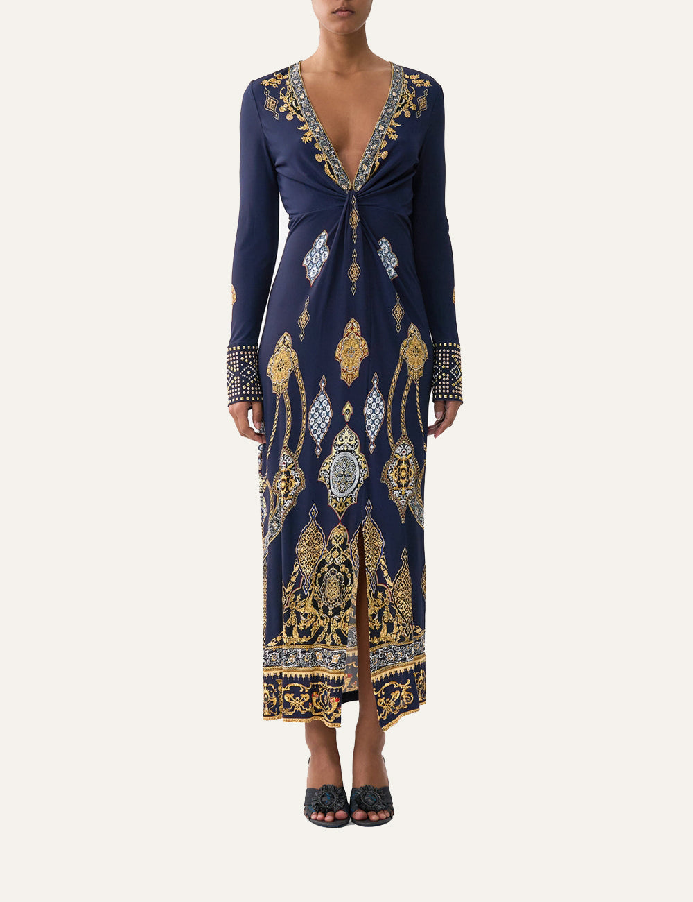 CAMILLA LONG V NECK TWIST FRONT JERSEY DRESS