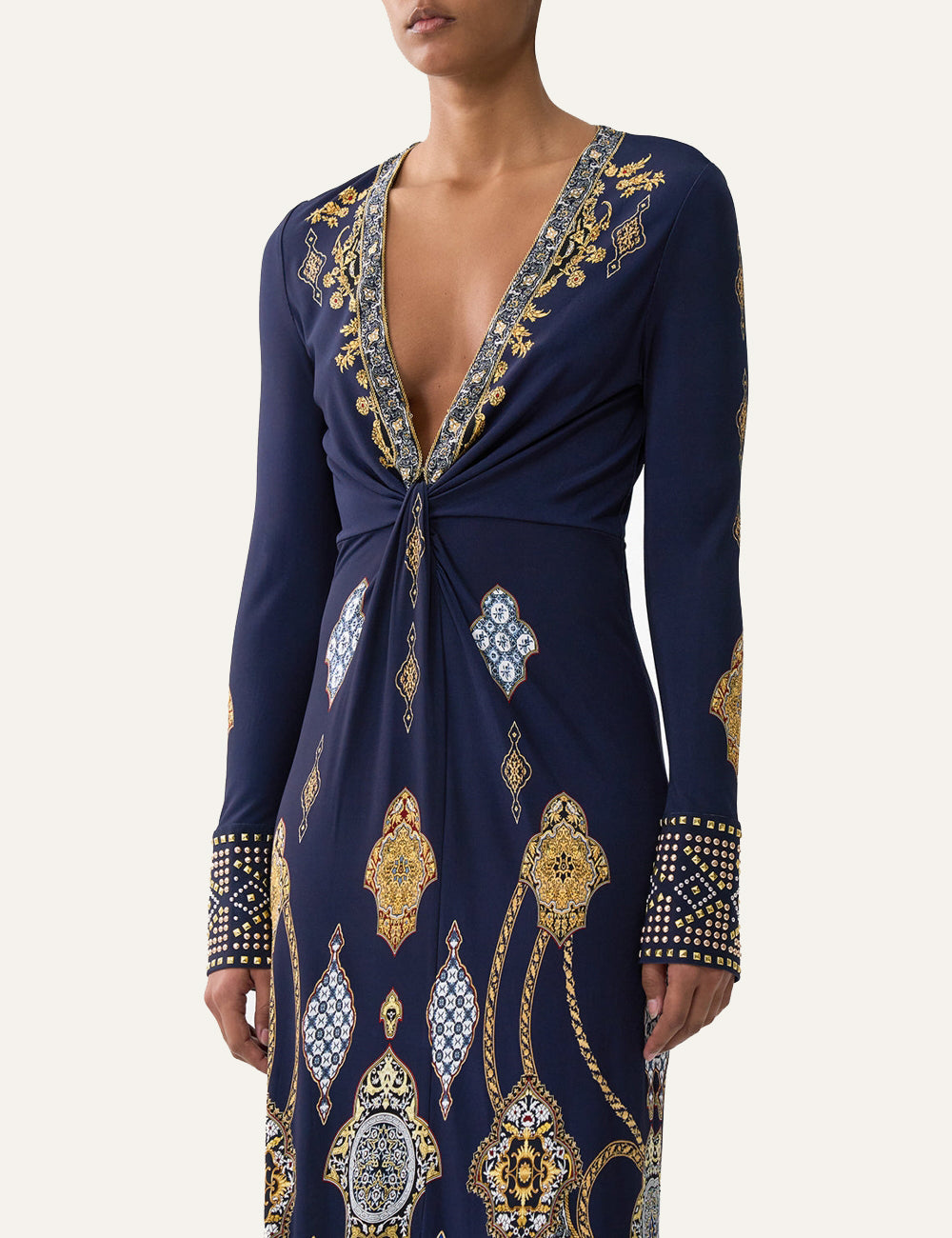 CAMILLA LONG V NECK TWIST FRONT JERSEY DRESS