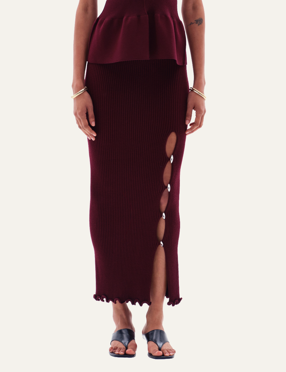 YUZEFI IRALYN RIB SPLIT SKIRT - BORDO