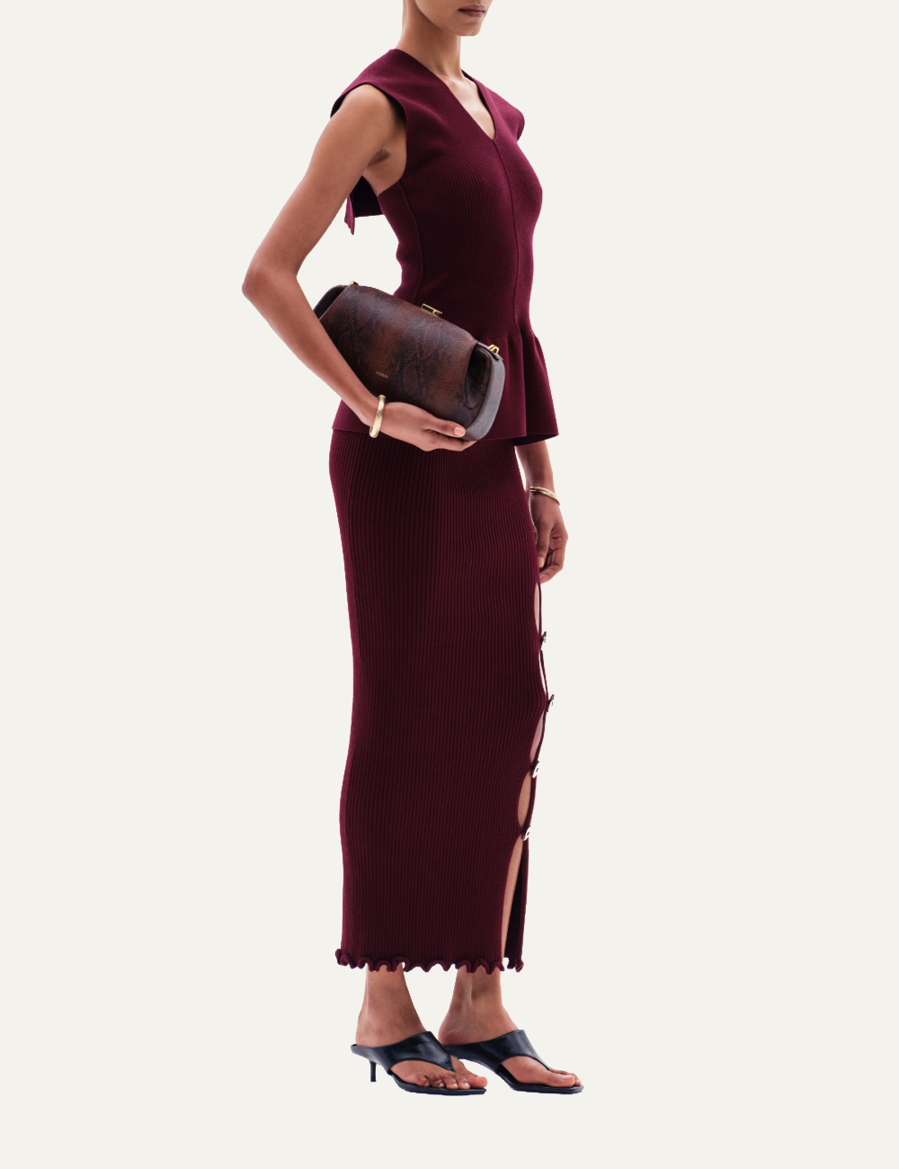 YUZEFI IRALYN RIB SPLIT SKIRT - BORDO