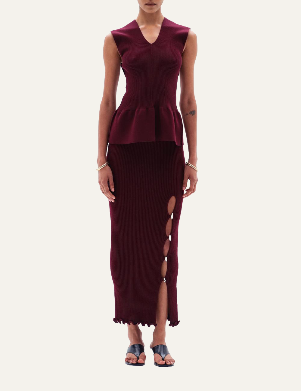 YUZEFI IRALYN RIB SPLIT SKIRT - BORDO