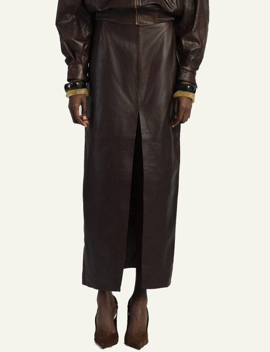 STUDIO 83 LONG LEATHER SKIRT BROWN