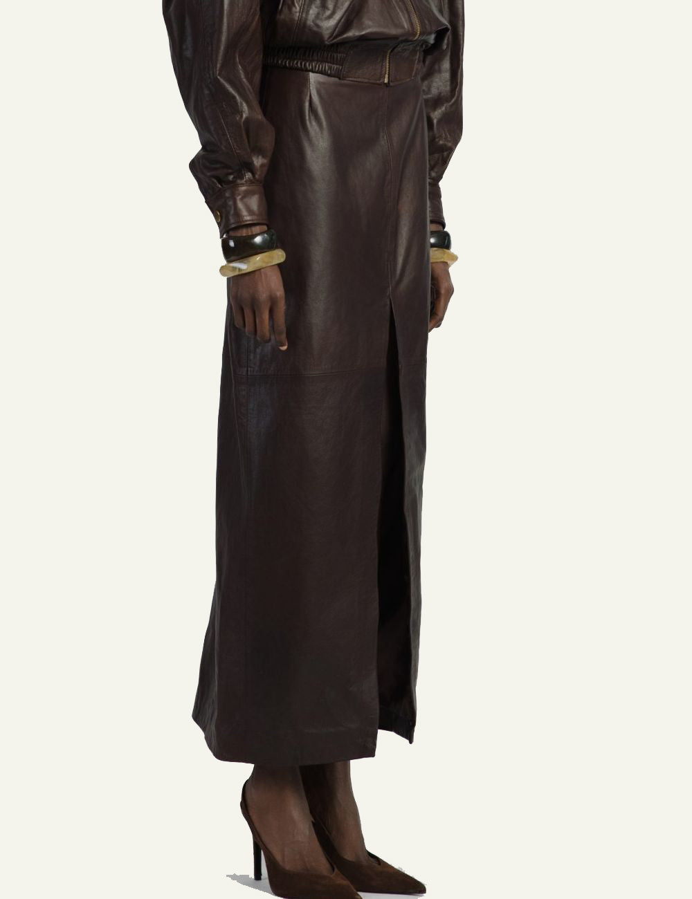 STUDIO 83 LONG LEATHER SKIRT BROWN