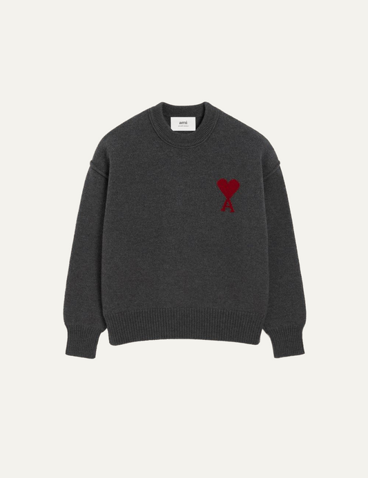 AMI ADC CREWNECK SWEATER HEATHER  GREY/RED