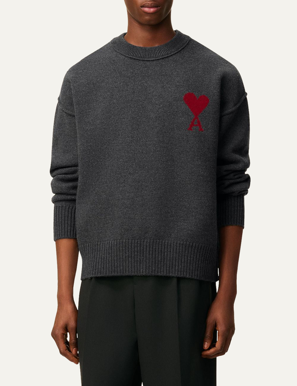 AMI ADC CREWNECK SWEATER HEATHER  GREY/RED
