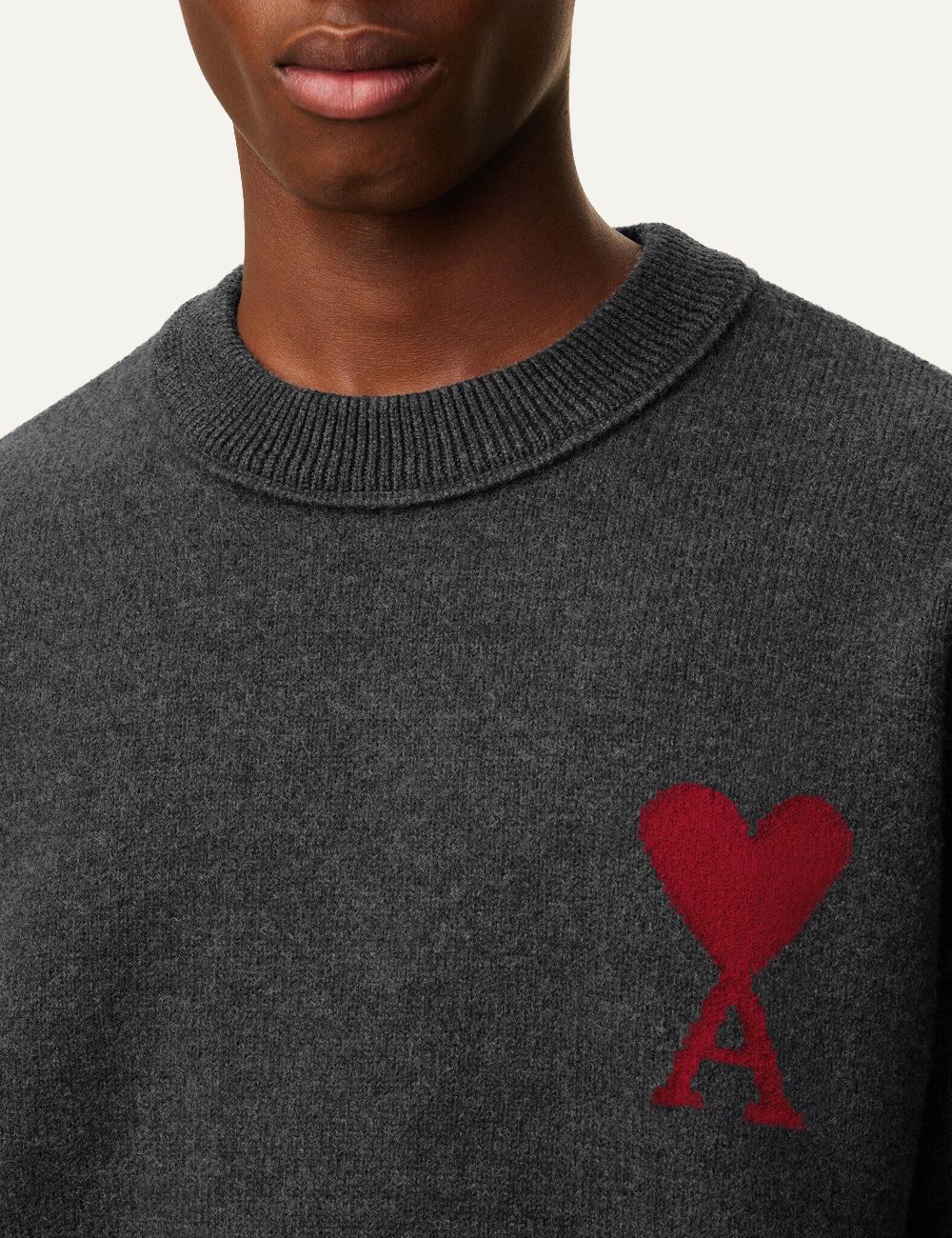 AMI ADC CREWNECK SWEATER HEATHER  GREY/RED