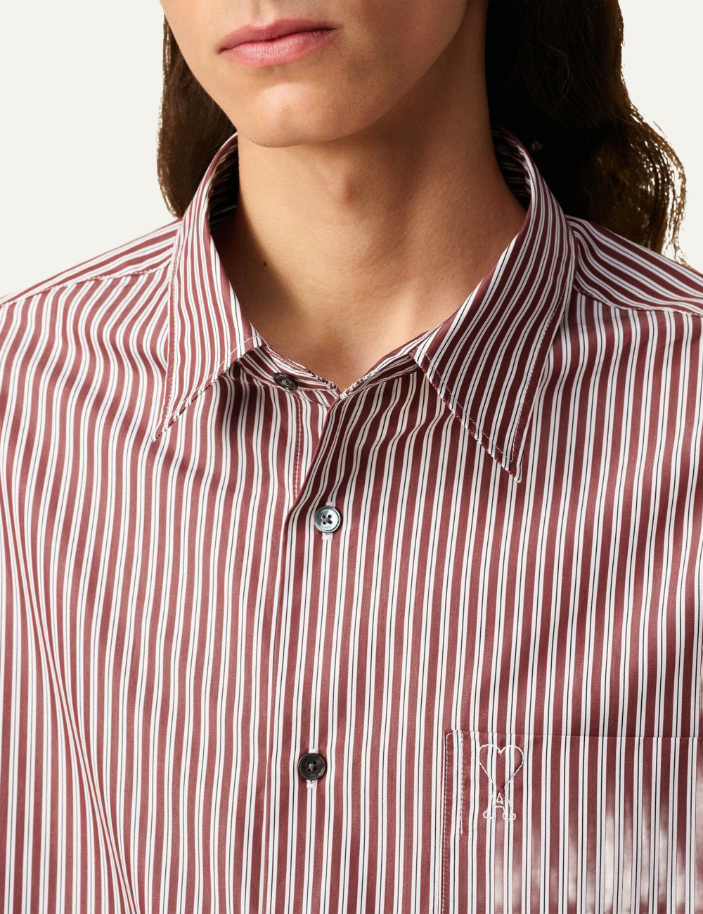 AMI BURGUNDY COTTON EMBOSSED AMI DE COEUR STRIPED BOXY SHIRT