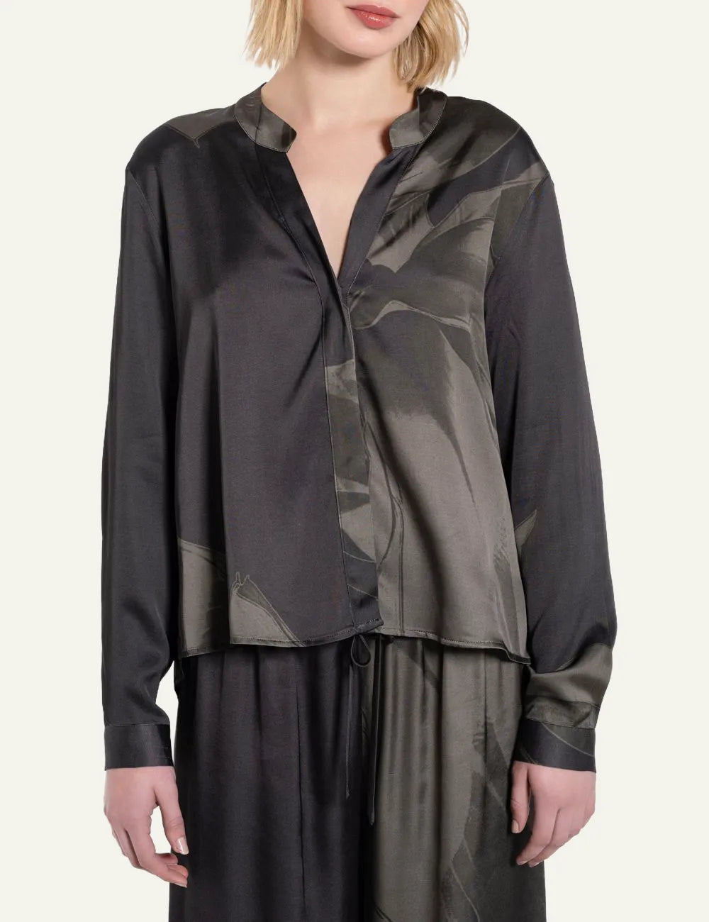 Philosophy off-black cropped satin shirt with subtle floral print, V-neckline and long sleeves, view on model