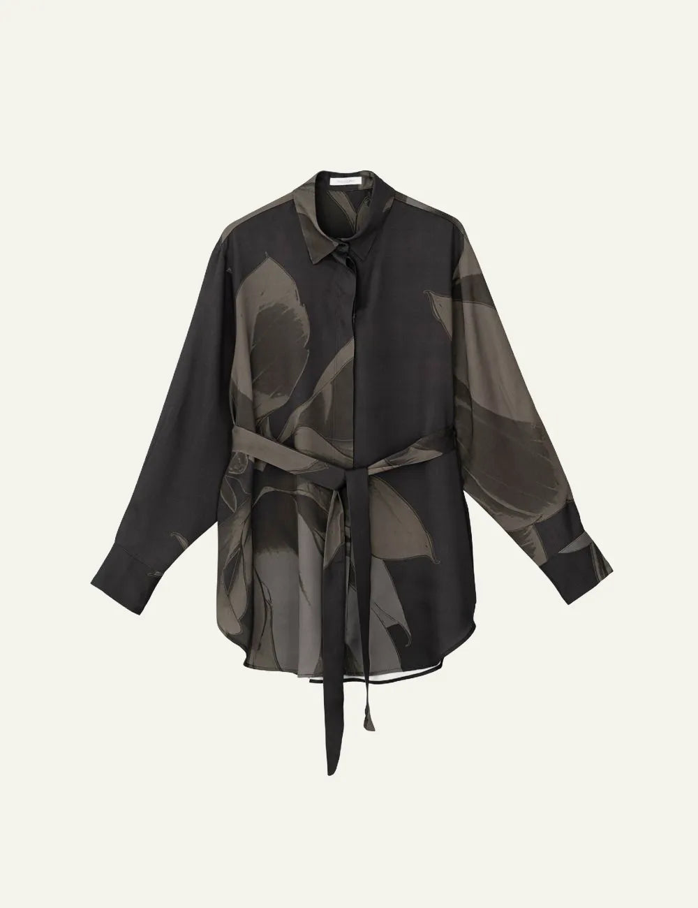 Philosophy semi-sheer black floral printed shirt with waist tie, button closure and long sleeves product view