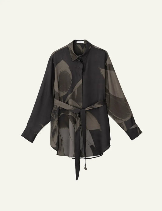 Philosophy semi-sheer black floral printed shirt with waist tie, button closure and long sleeves product view