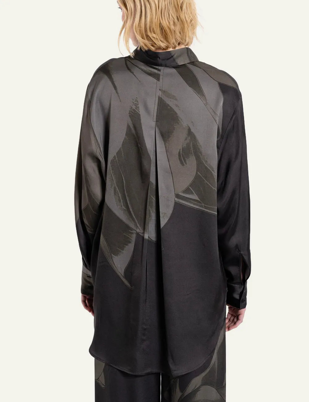 Philosophy semi-sheer black floral printed shirt with waist tie, button closure and long sleeves back close up
