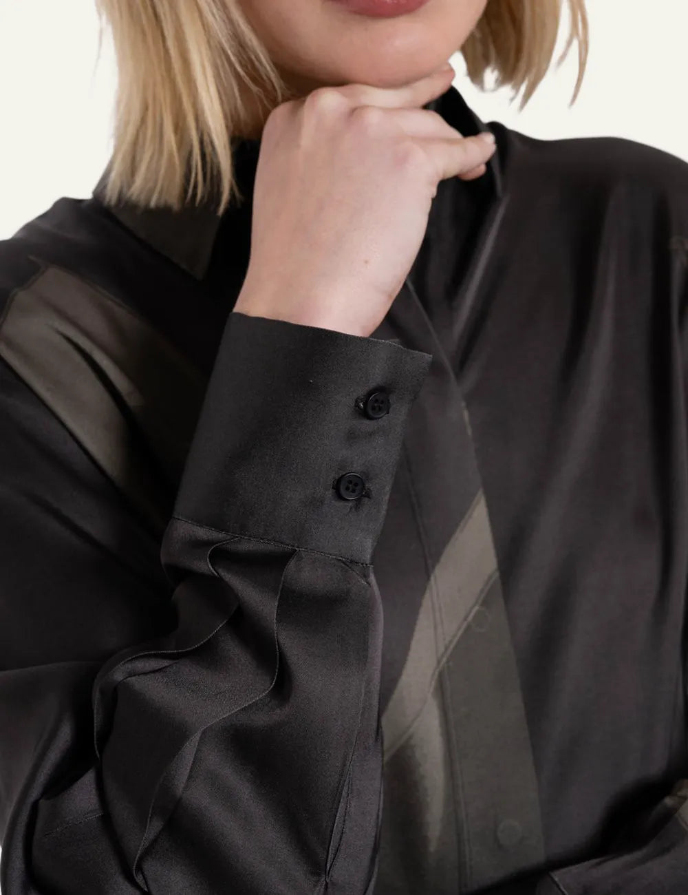 Philosophy semi-sheer black floral printed shirt with waist tie, button closure and long sleeves close up detail