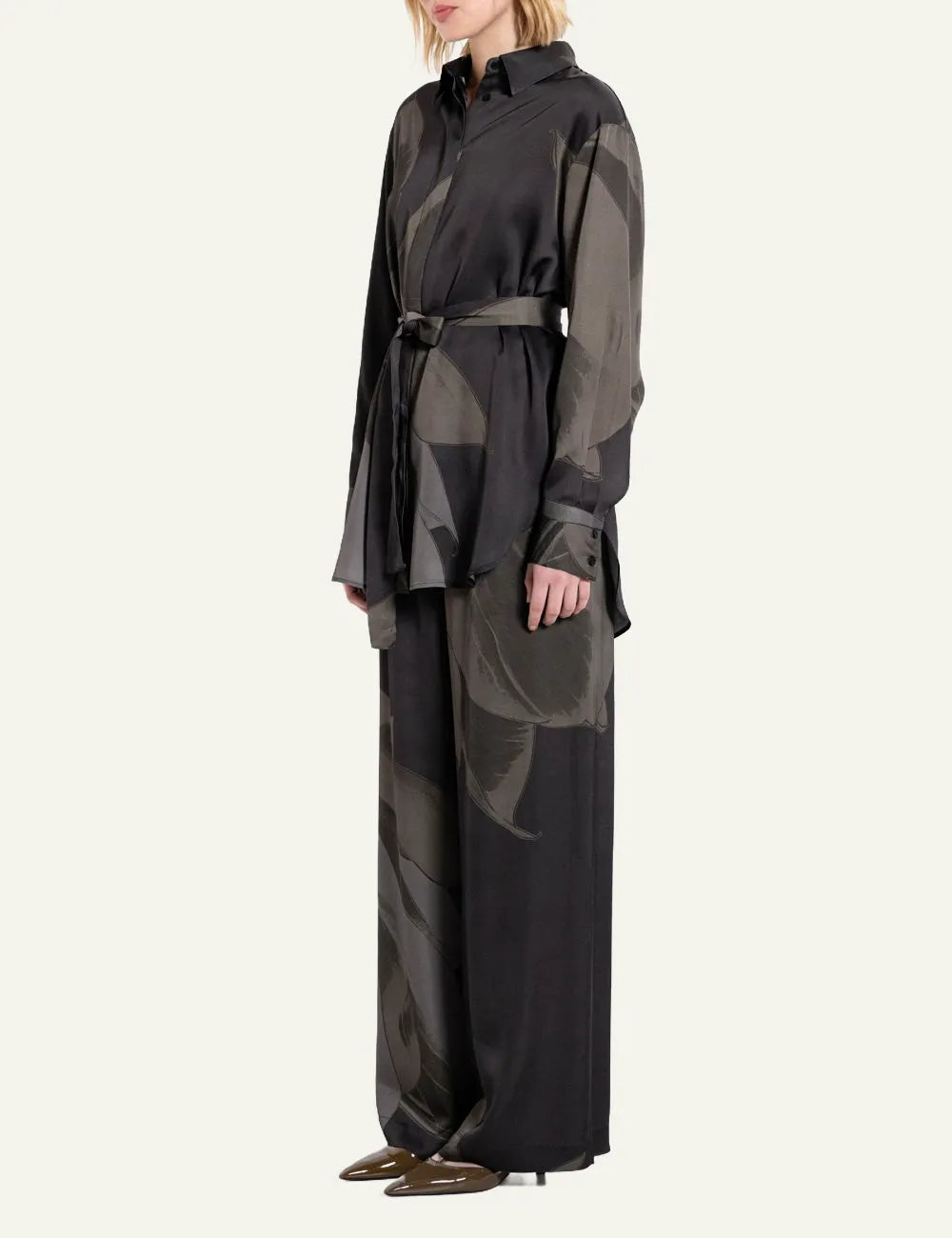 Philosophy semi-sheer black floral printed shirt with waist tie, button closure and long sleeves full body view on model