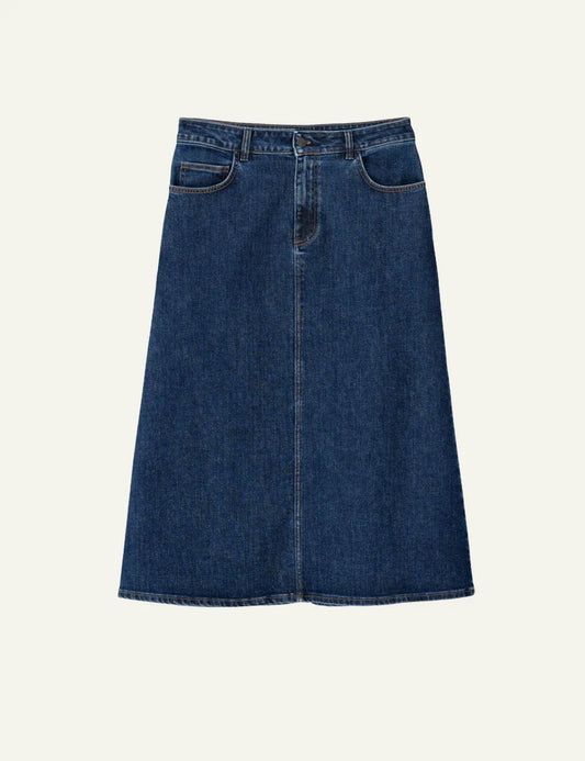 Philosophy mid-blue midi denim skirt with A-line silhouette, front button and zip fastening product view