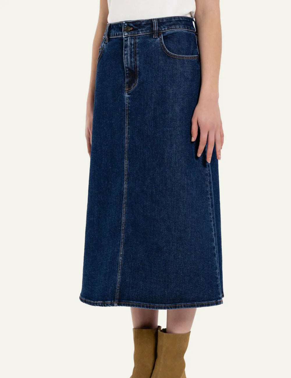 Philosophy mid-blue midi denim skirt with A-line silhouette, front button and zip fastening close up on model