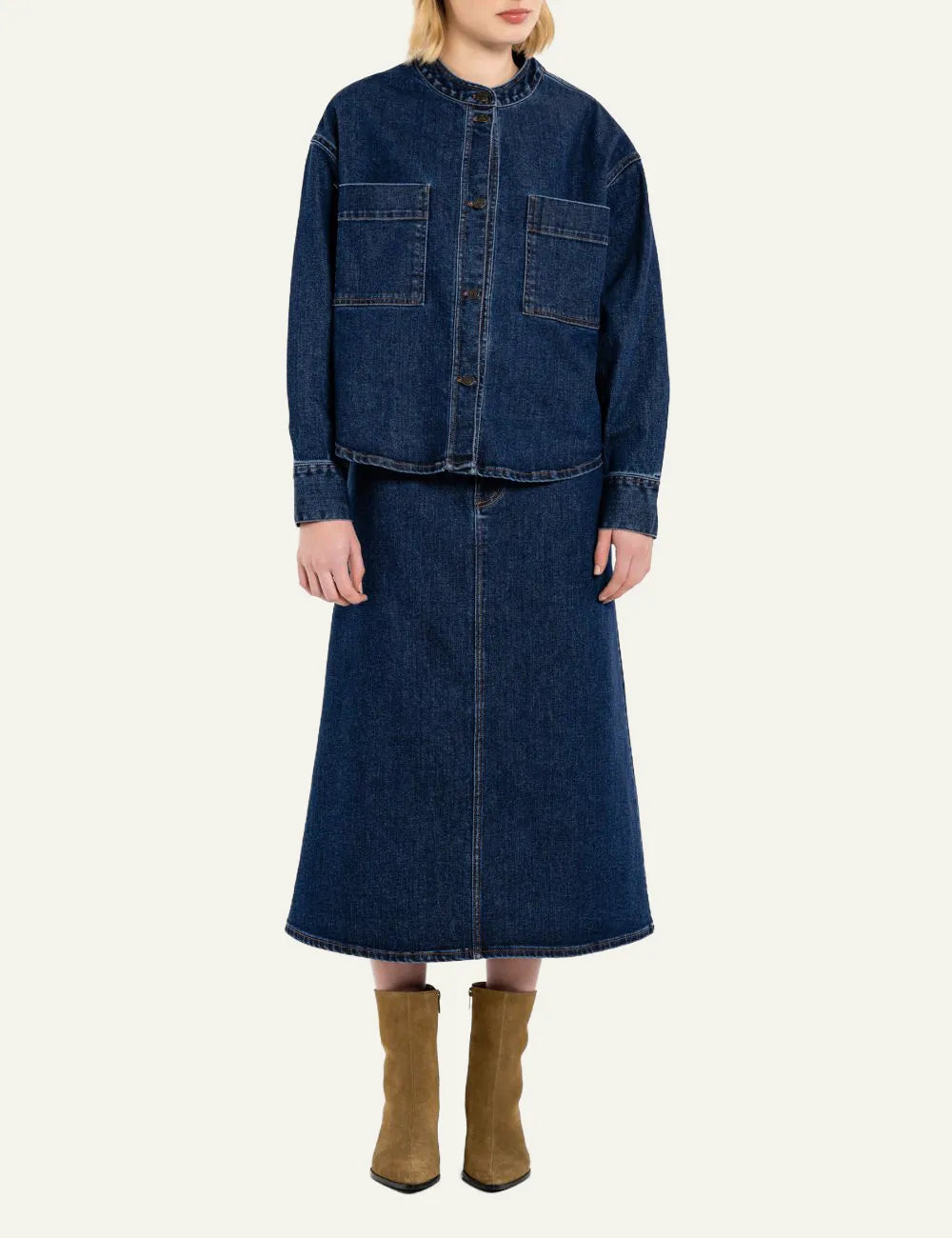 Philosophy mid-blue midi denim skirt with A-line silhouette, front button and zip fastening full body on model