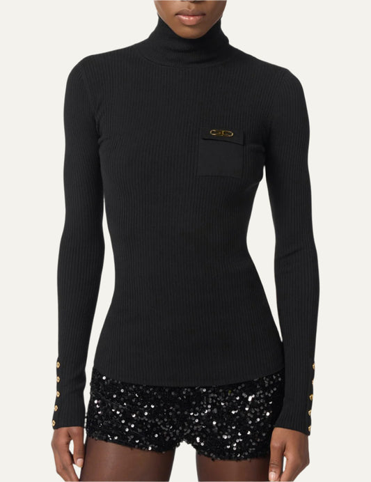 ELISABETTA FRANCHI Ribbed knit top with breast pocket black