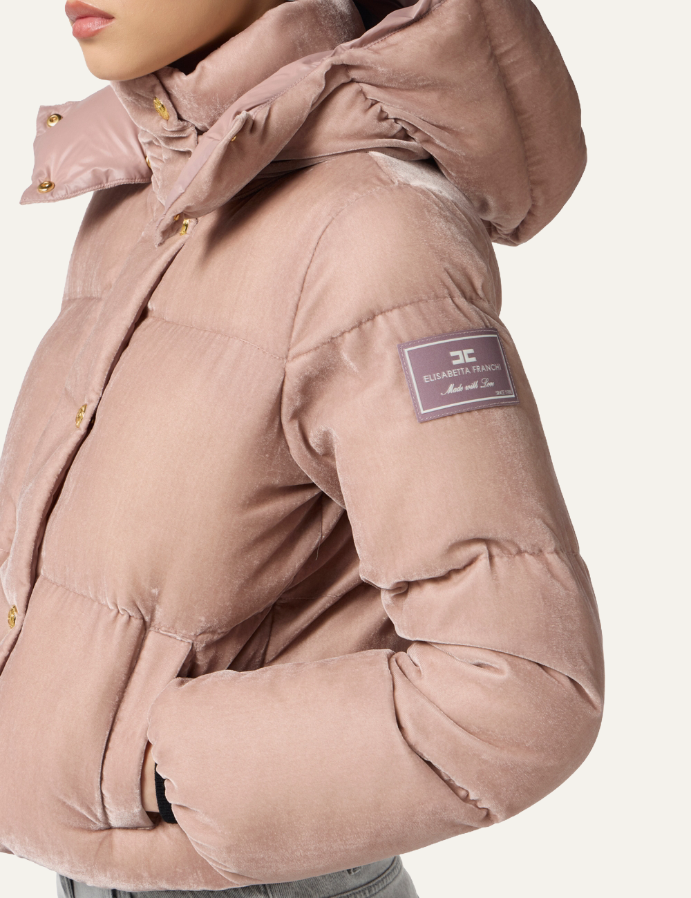 ELISABETTA FRANCHI Velvet down jacket with hood