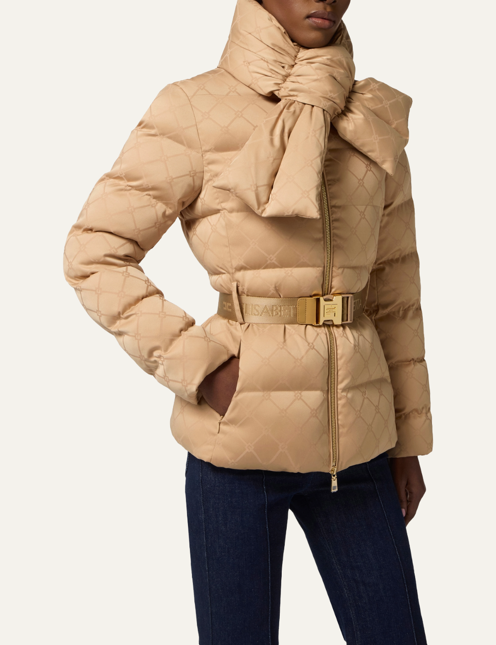 ELISABETTA FRANCHI Down jacket in jacquard voile fabric with belt