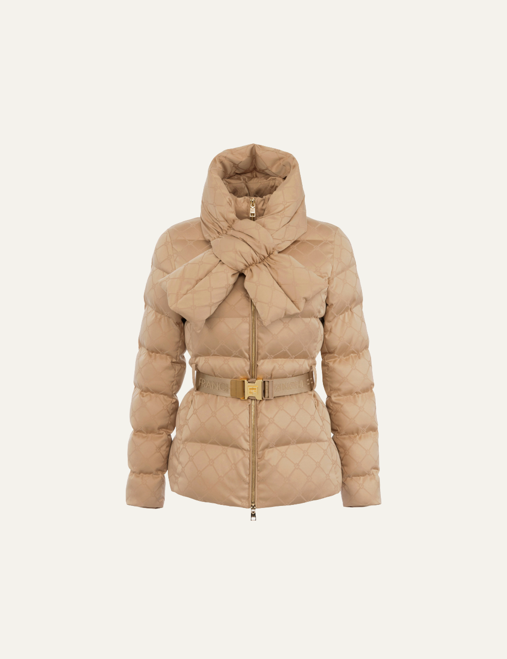 ELISABETTA FRANCHI Down jacket in jacquard voile fabric with belt