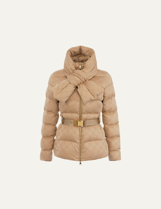 ELISABETTA FRANCHI Down jacket in jacquard voile fabric with belt
