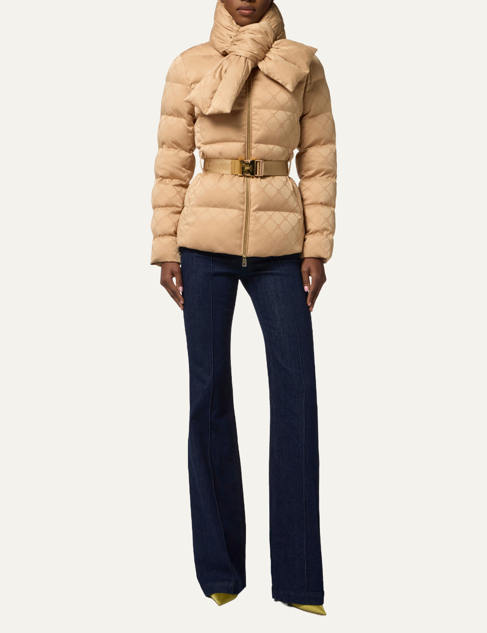 ELISABETTA FRANCHI Down jacket in jacquard voile fabric with belt