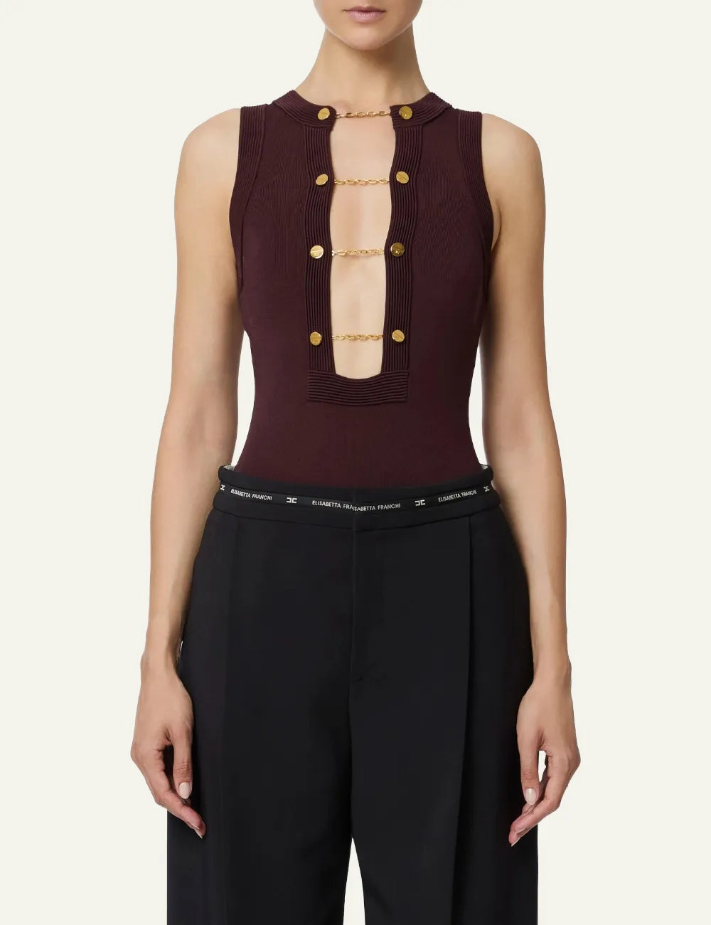 ELISABETTA FRANCHI Viscose knit bodysuit with jewel cufflinks