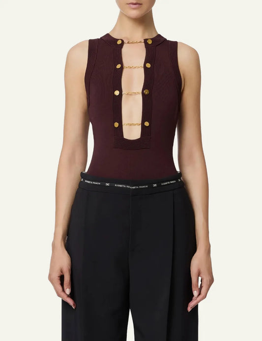 ELISABETTA FRANCHI Viscose knit bodysuit with jewel cufflinks
