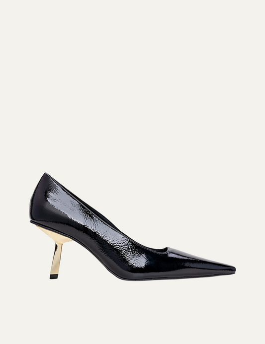 CARRANO BLACK VERNIZ LEATHER GOLD HEELS