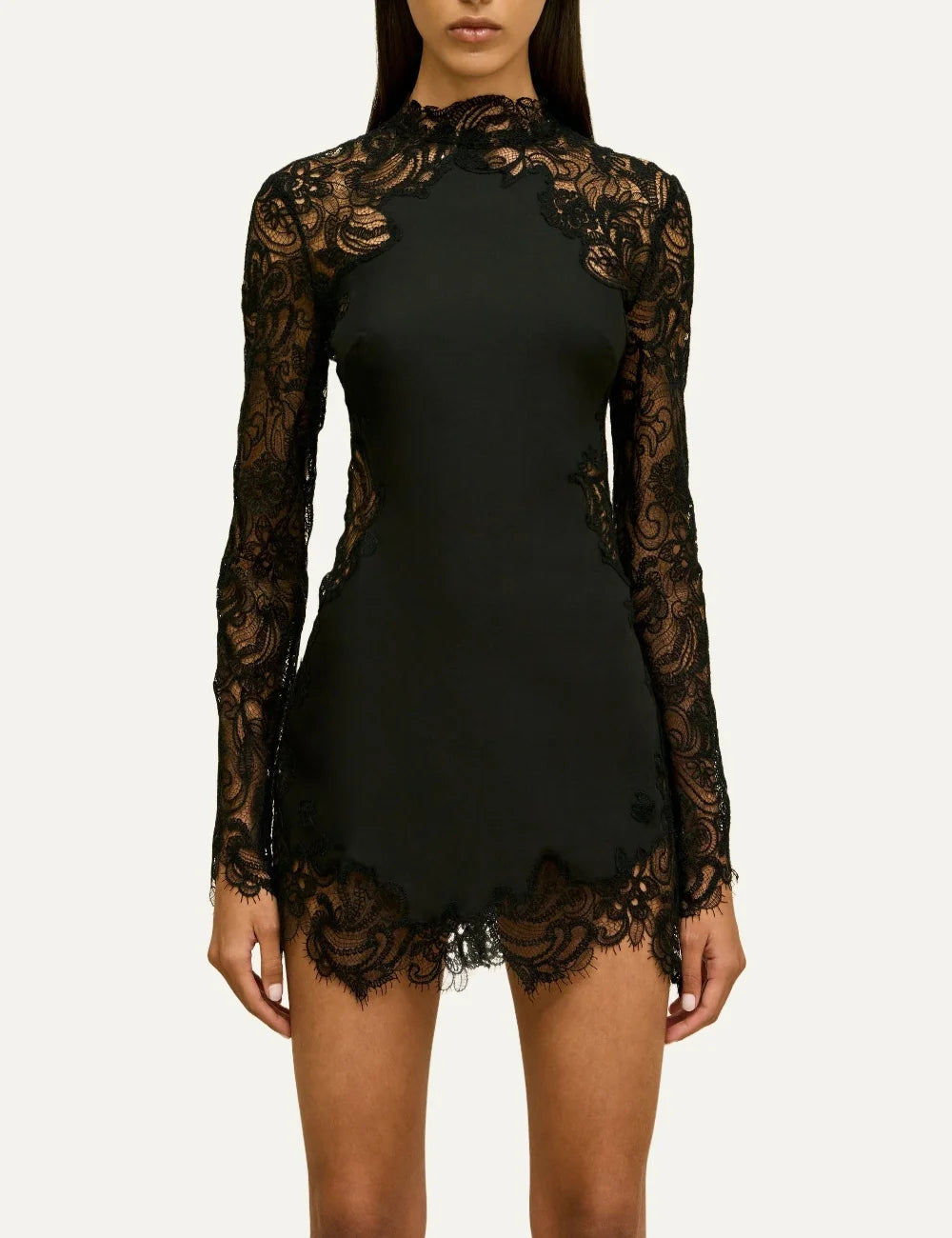 Cult Gaia Deanna black silk crepe mini dress with off-shoulder draped neckline, shoulder bows, structured corset bodice and ruched skirt.