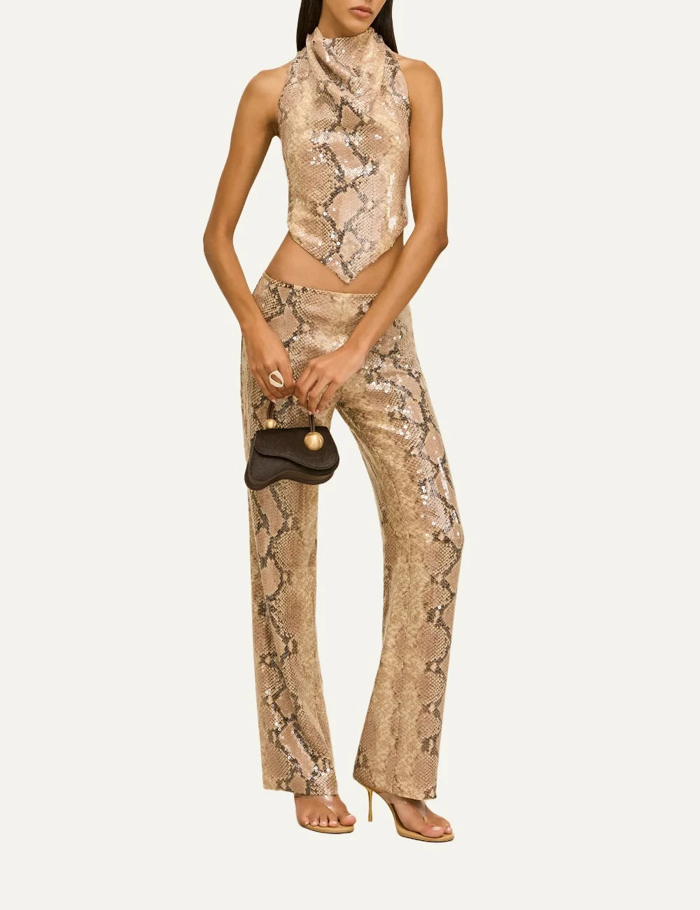 Cult Gaia Dionea beige python print silk crepe sequin top with draped high neckline, sleeveless design and pointed handkerchief hem full body