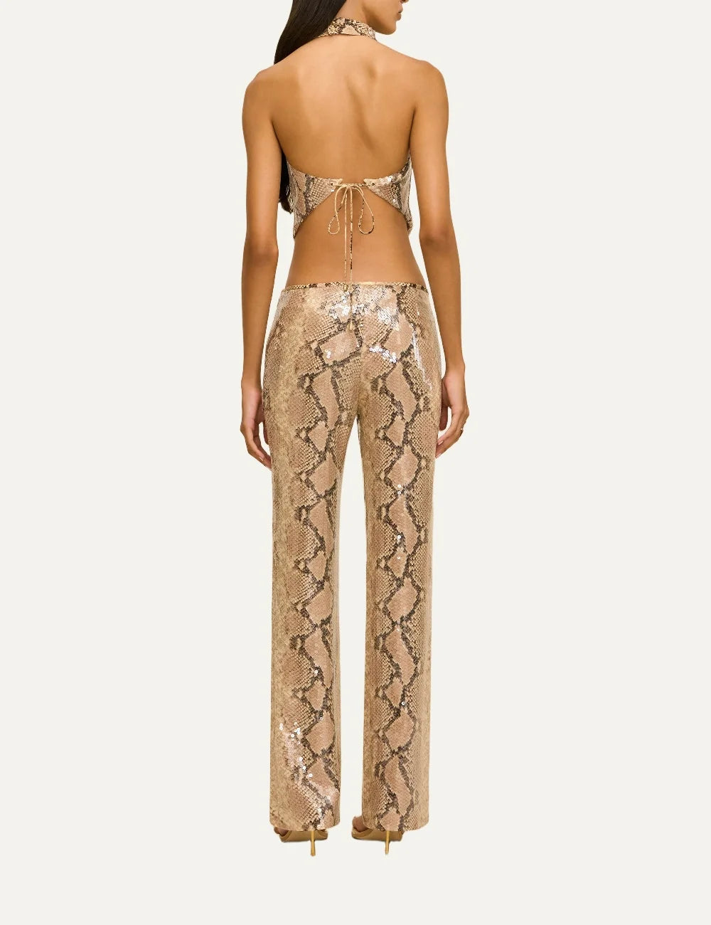Cult Gaia Dionea beige python print silk crepe sequin top with draped high neckline, sleeveless design and pointed handkerchief hem back