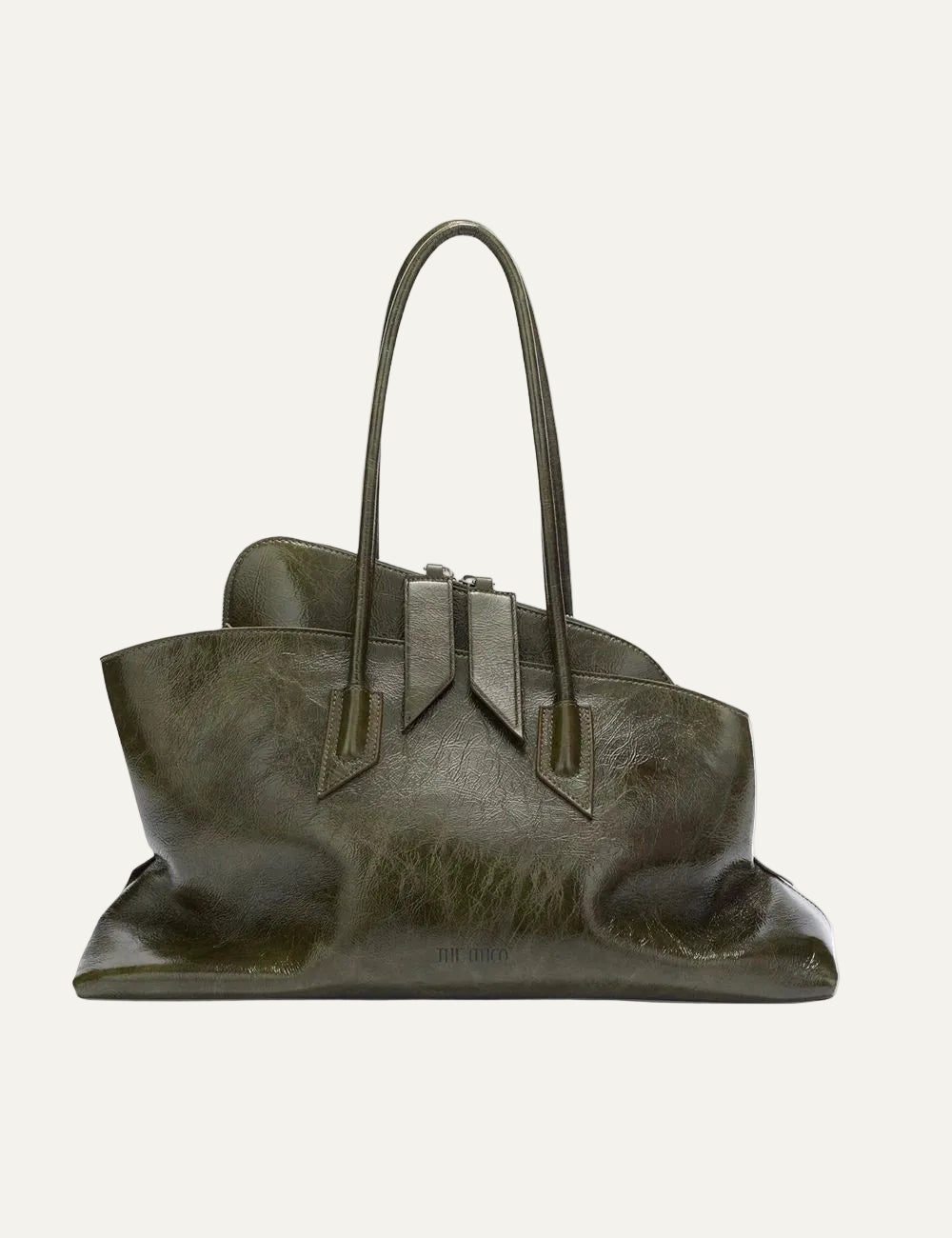 The Attico La Passeggiata Medium olive brown patent leather top handle bag for women