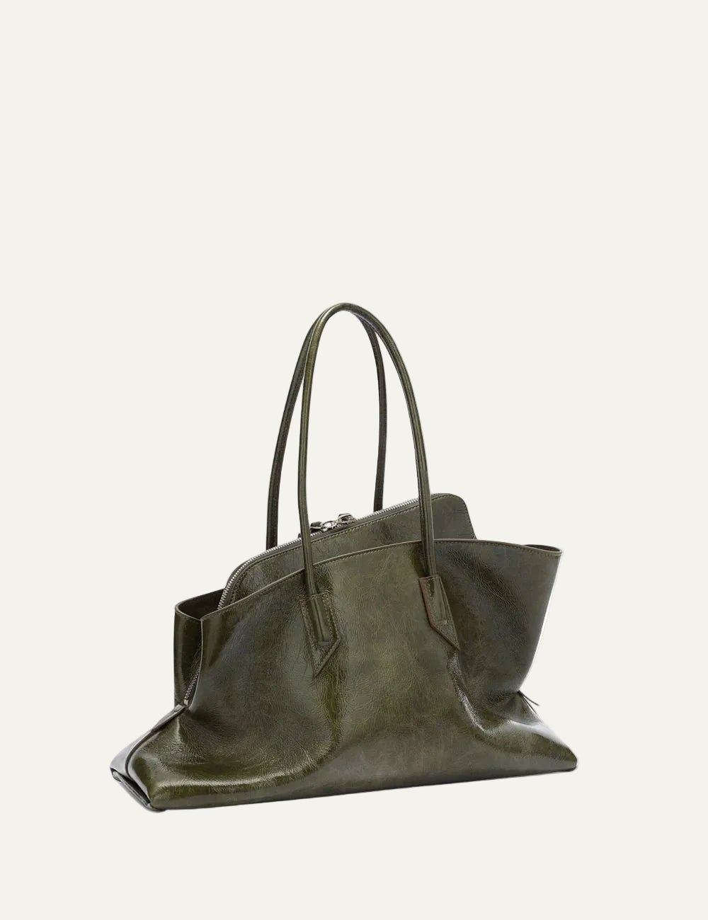The Attico La Passeggiata Medium olive brown patent leather top handle bag for women side view