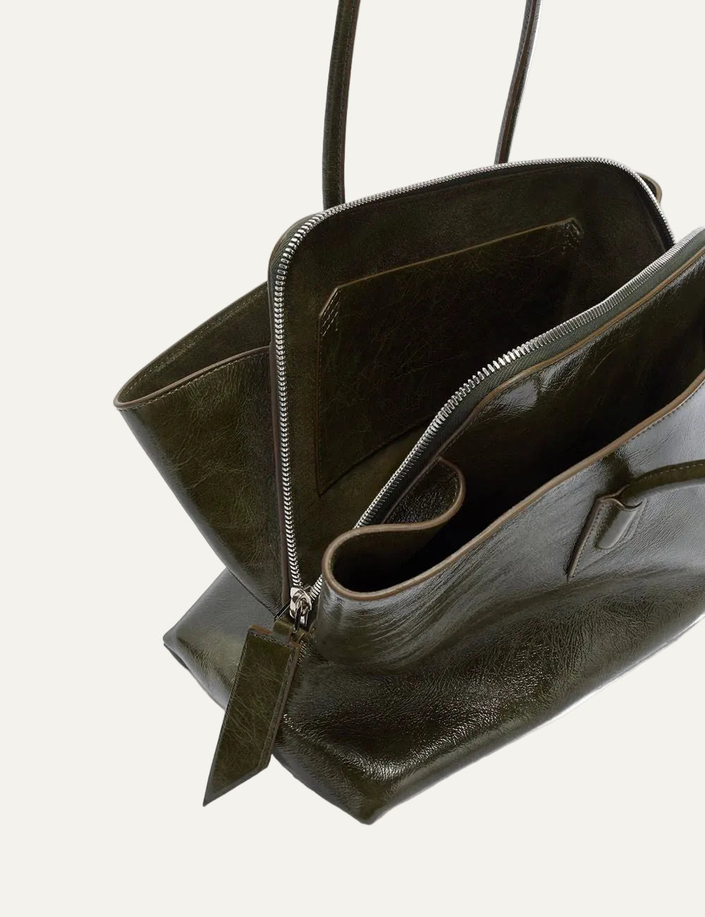 The Attico La Passeggiata Medium olive brown patent leather top handle bag for women interior view