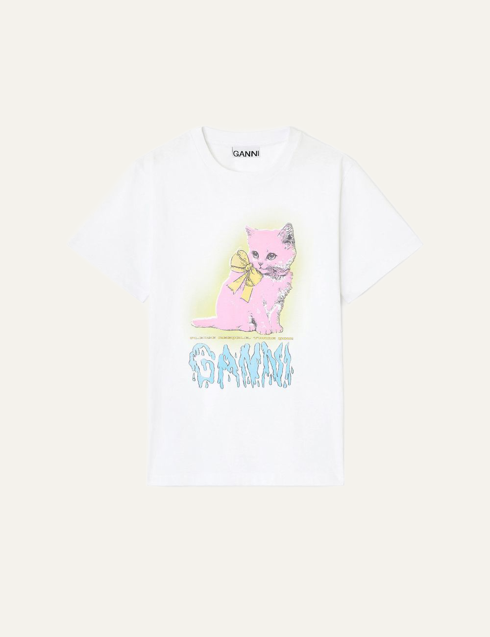 White Ganni T-shirt with a large pink kitten graphic and yellow bow on the front, featuring blue dripping Ganni logo.