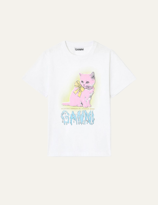 White Ganni T-shirt with a large pink kitten graphic and yellow bow on the front, featuring blue dripping Ganni logo.