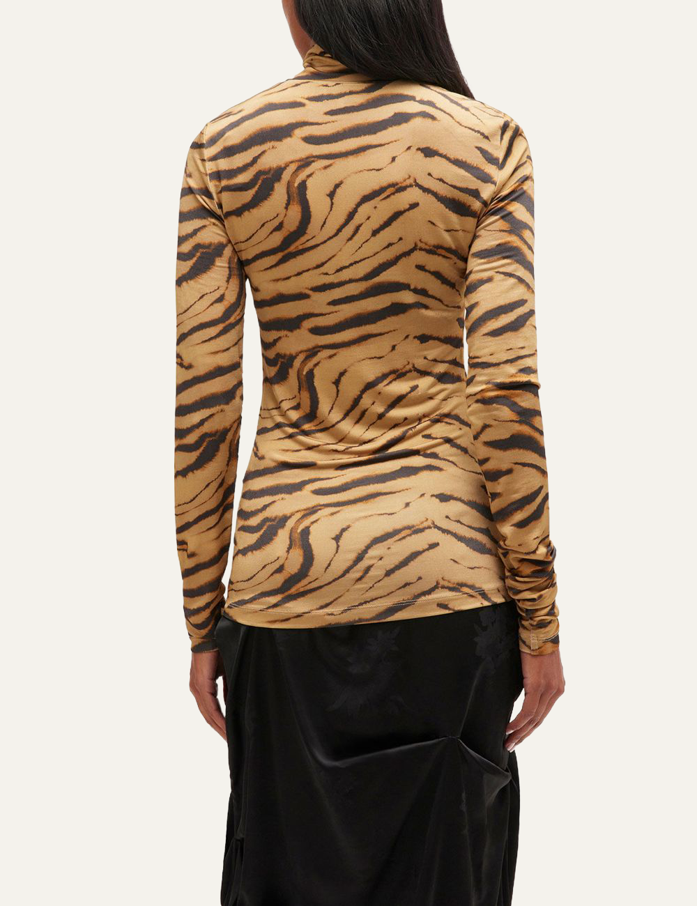 Beige Ganni long-sleeve tiger print turtleneck top shown from the back