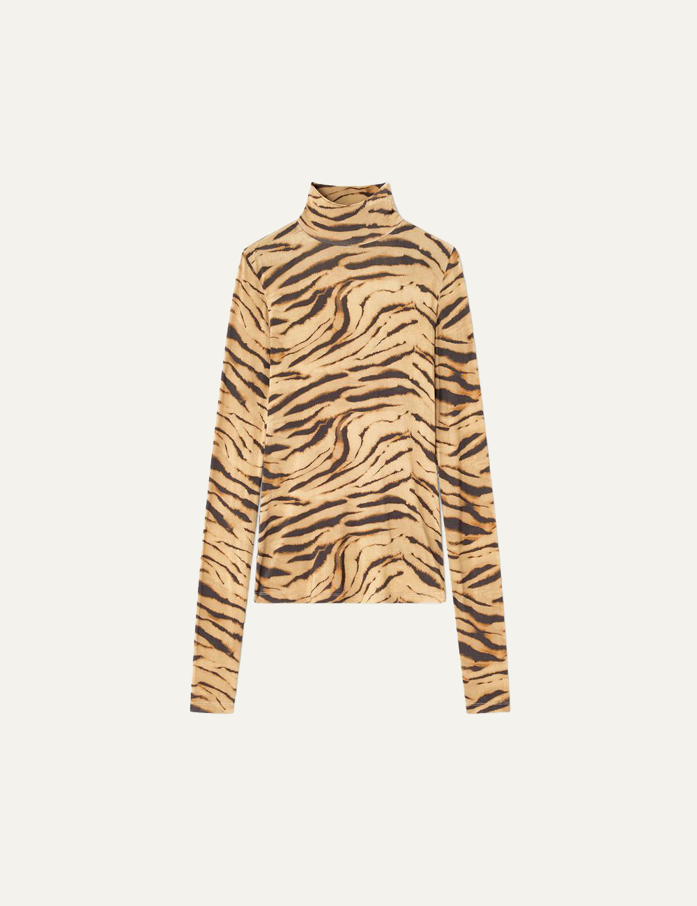 Beige Ganni long-sleeve turtleneck top with tiger print seen from the back.