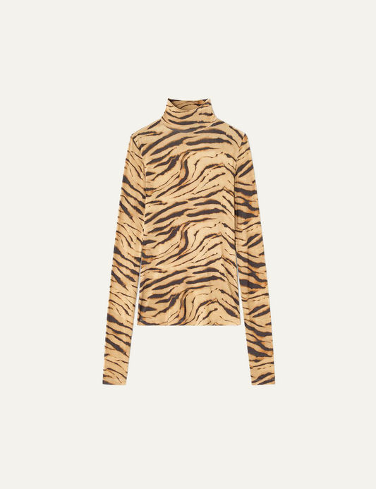 Beige Ganni long-sleeve turtleneck top with tiger print seen from the back.