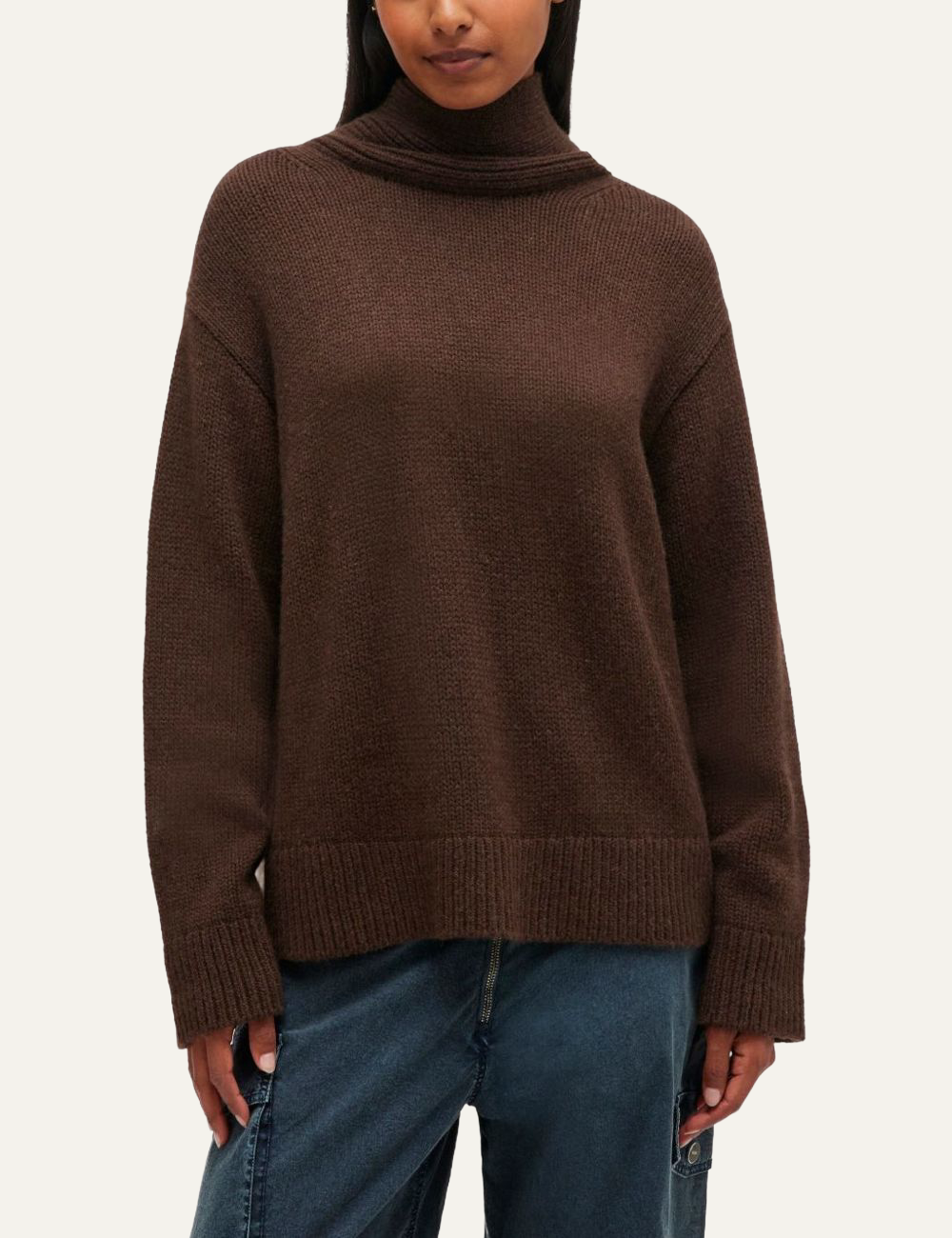 Brown Ganni turtleneck knitted sweater with relaxed fit and long sleeves.