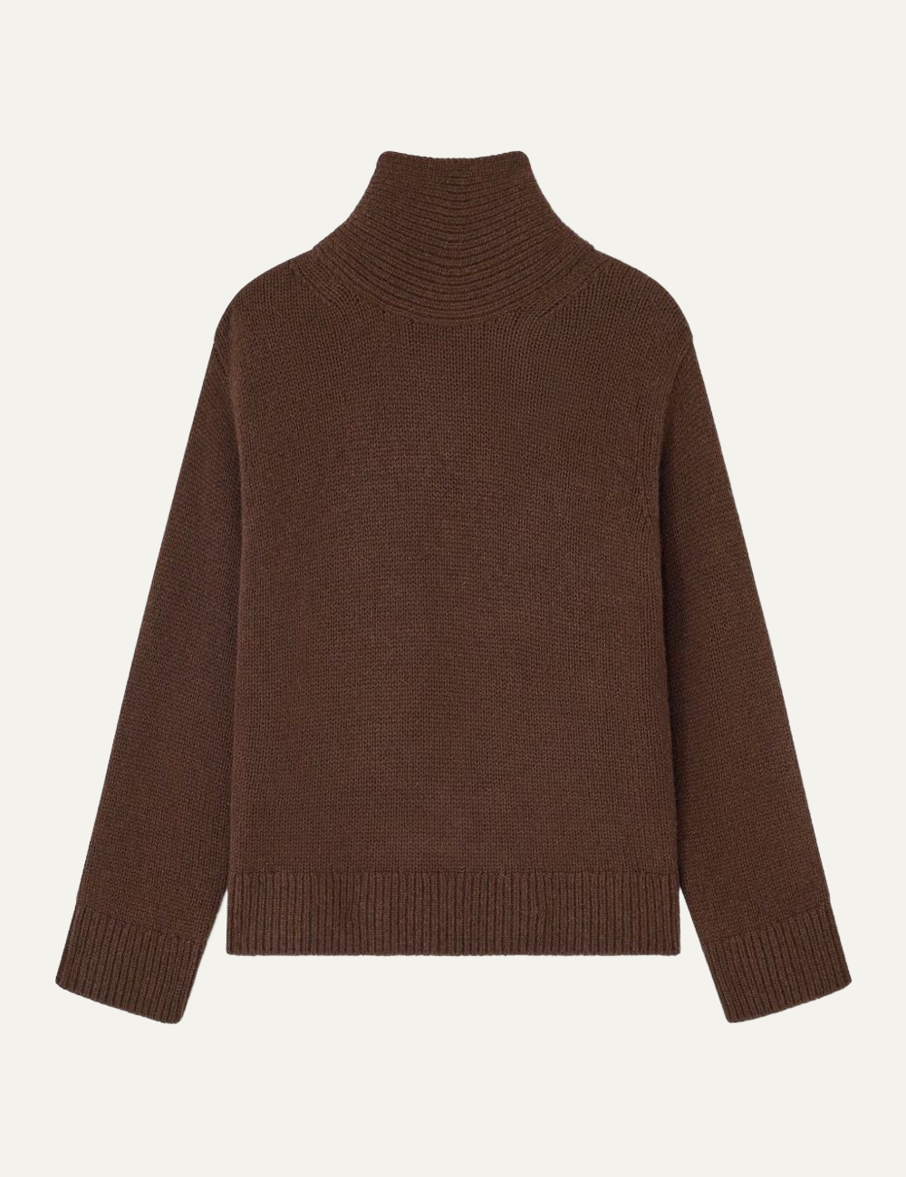 Brown Ganni knitted turtleneck sweater displayed flat with ribbed hems.
