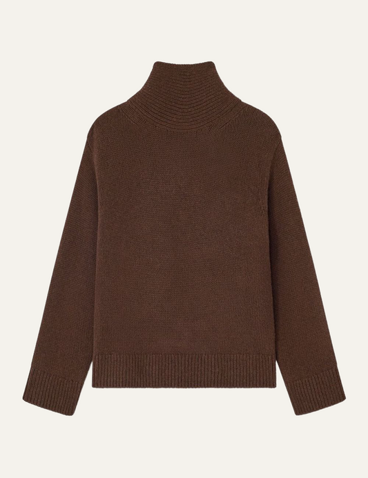 Brown Ganni knitted turtleneck sweater displayed flat with ribbed hems.