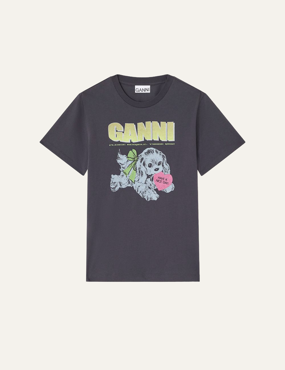Black Ganni T-shirt with puppy graphic and yellow Ganni logo print on the front.