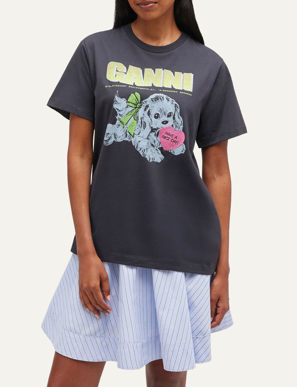 Black Ganni graphic T-shirt featuring puppy illustration.