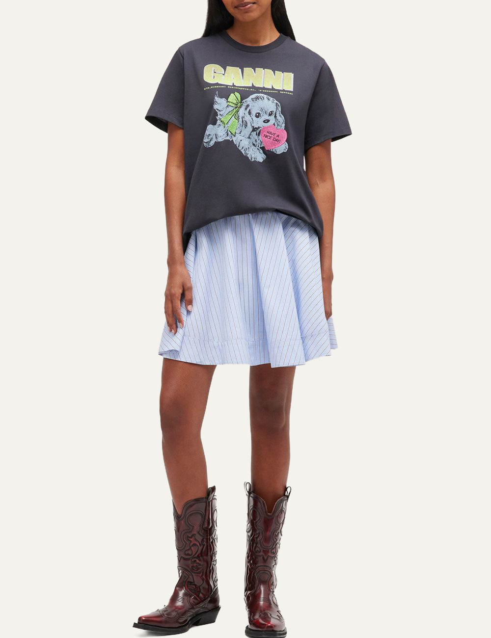 Black Ganni T-shirt with puppy print , full body