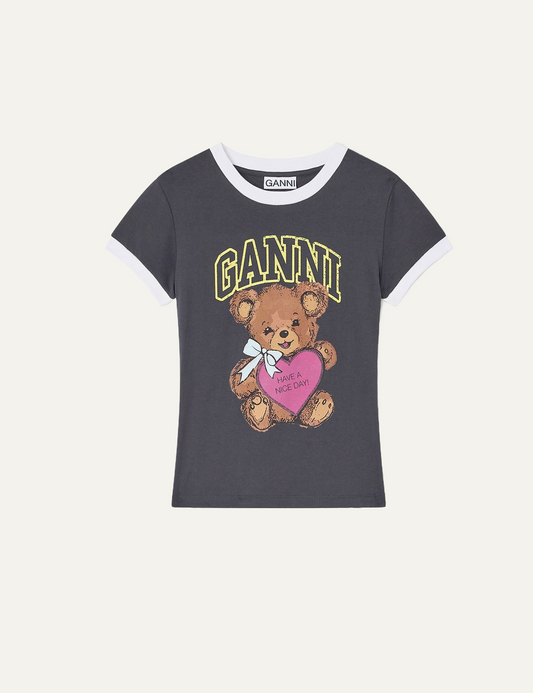Black Ganni fitted T-shirt with teddy bear graphic and yellow logo on the front.